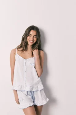 Pijama curto de alças em algodão com folho azul