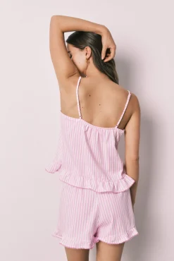 Pijama curto de alças em algodão SmileyWorld® às riscas com folhos