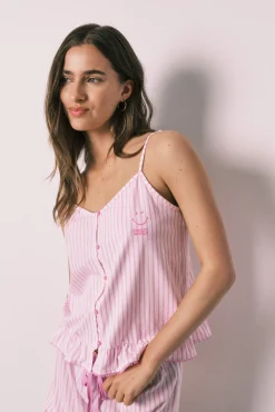 Pijama curto de alças em algodão SmileyWorld® às riscas com folhos