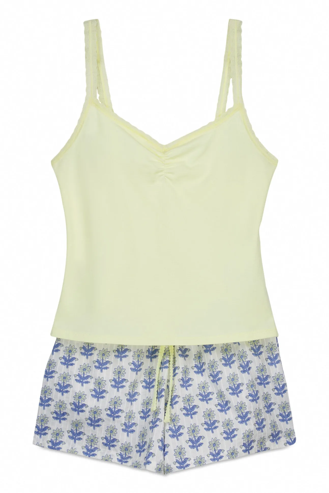 Pijama curto de alças em algodão amarelo