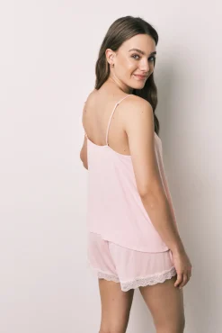 Pijama curto de alças em viscose e renda rosa