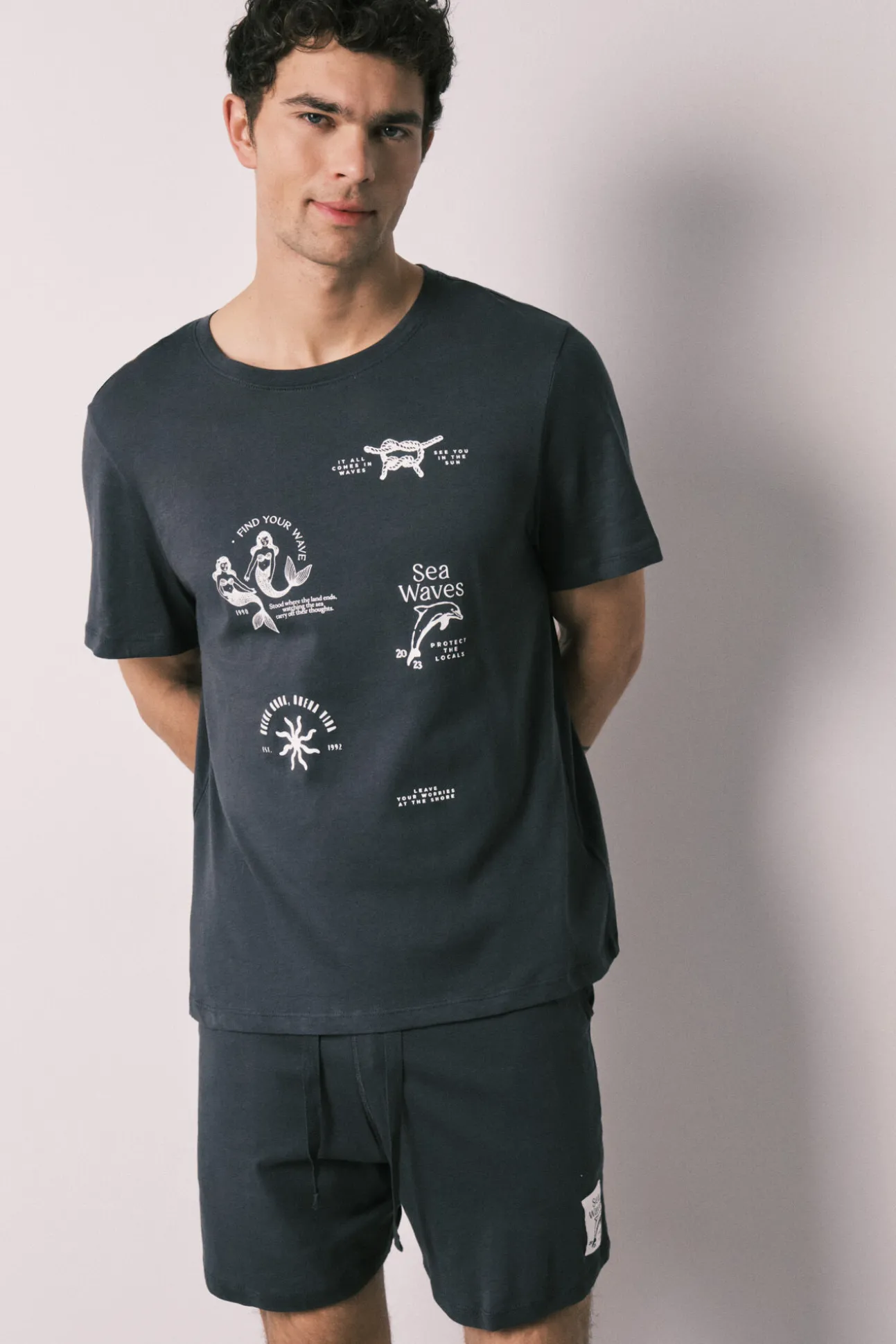 Pijama curto de homem em algodão navy