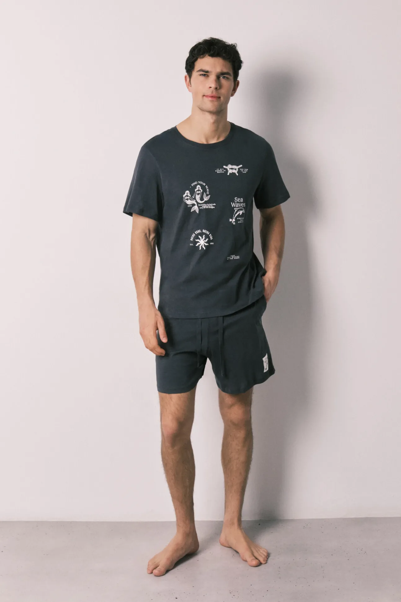 Pijama curto de homem em algodão navy