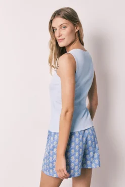 Pijama curto em algodão azul decote quadrado