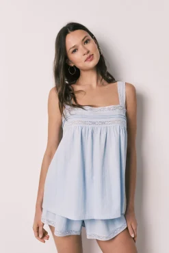 Pijama curto em algodão e renda azul