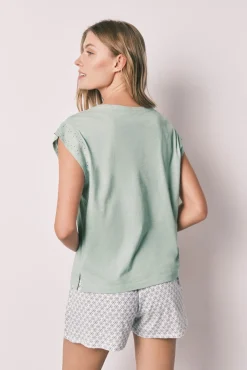 Pijama curto em algodão estampado verde