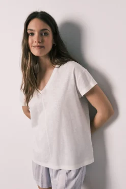 Pijama curto em algodão e viscose às riscas