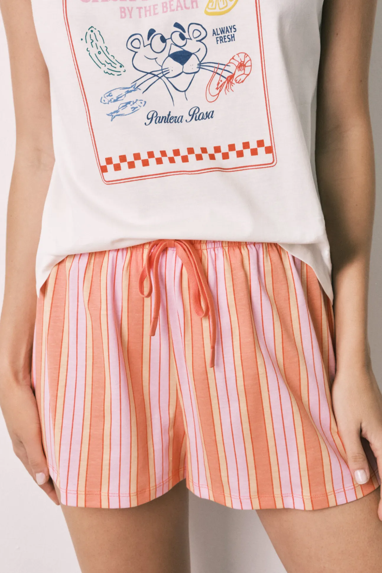 Pijama curto em algodão Pantera Cor-de-Rosa riscas