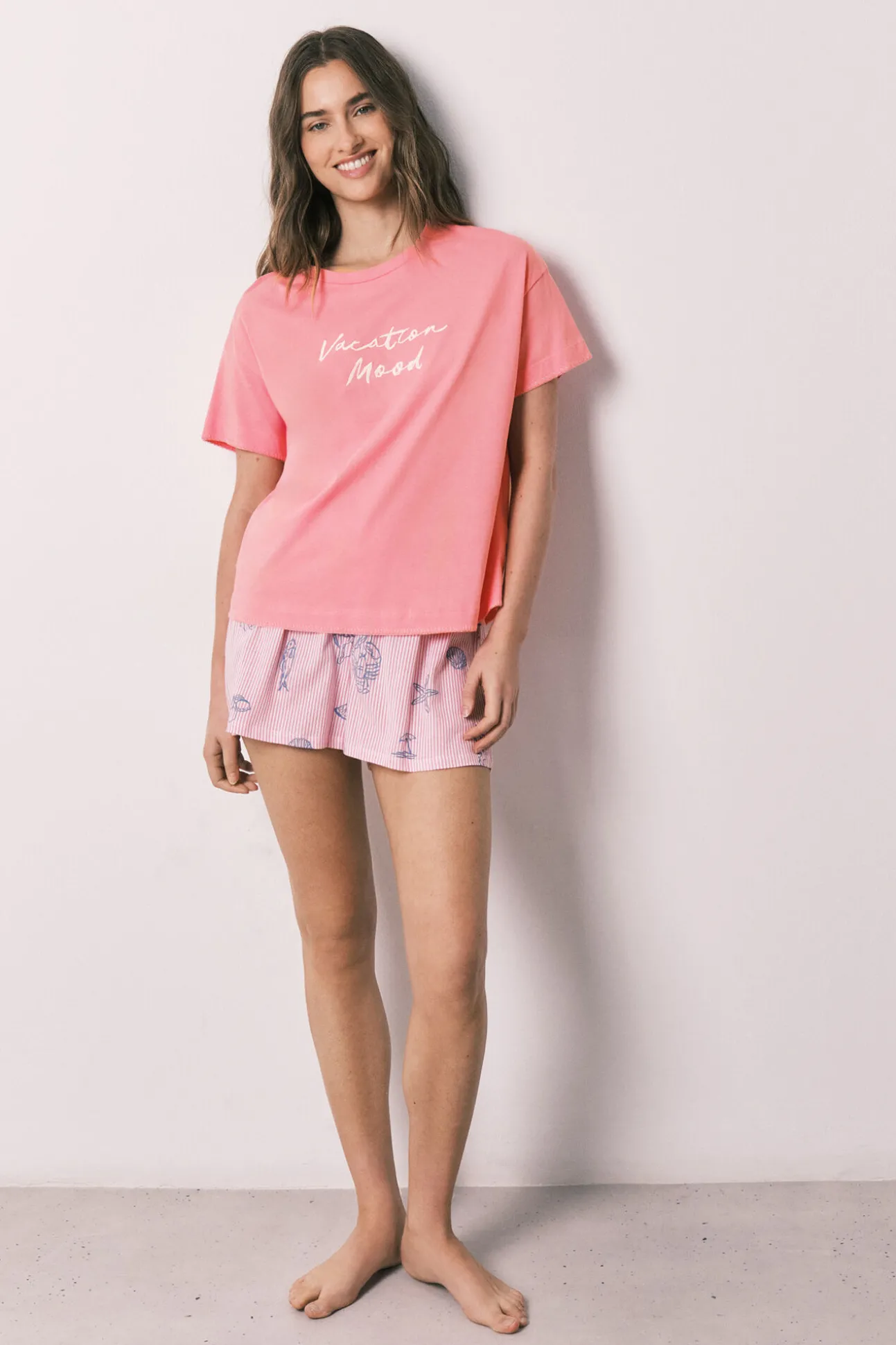 Pijama curto em algodão rosa