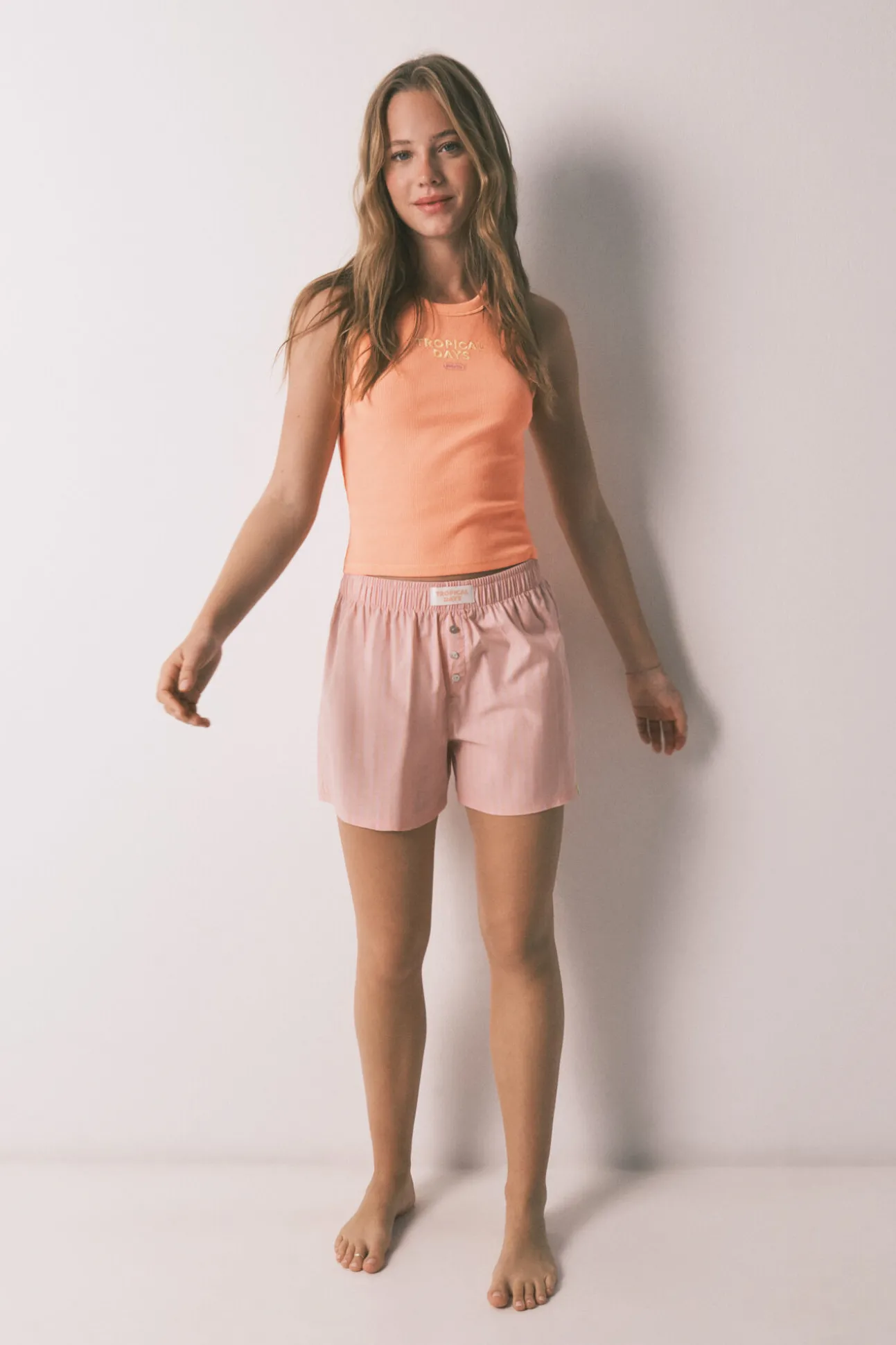 Pijama curto em algodão às riscas laranja
