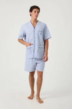 Pijama curto em popelina de riscas com debrum azul-marinho