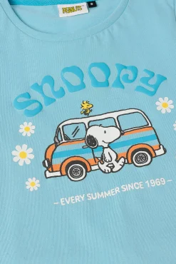 Pijama curto Snoopy flores e riscas