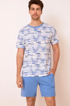 Pijama curto às riscas em 100% algodão