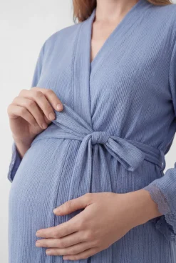 Robe midi com cinto azul com mangas de renda