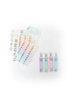 Set de personalização escolar: Stickers e lanyards - Abelha, pêssego, gato e estrela.