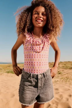 Short denim com franjas para menina