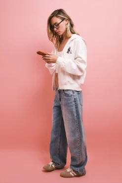 Sweatshirt borrego com capuz e fecho-éclair bege