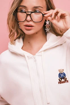 Sweatshirt borrego com capuz e fecho-éclair bege