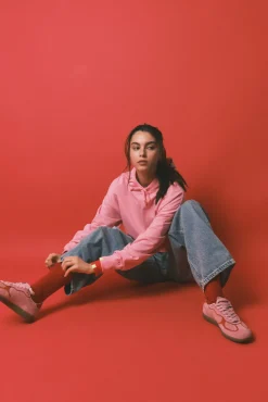 Sweatshirt com capuz em algodão felpado rosa