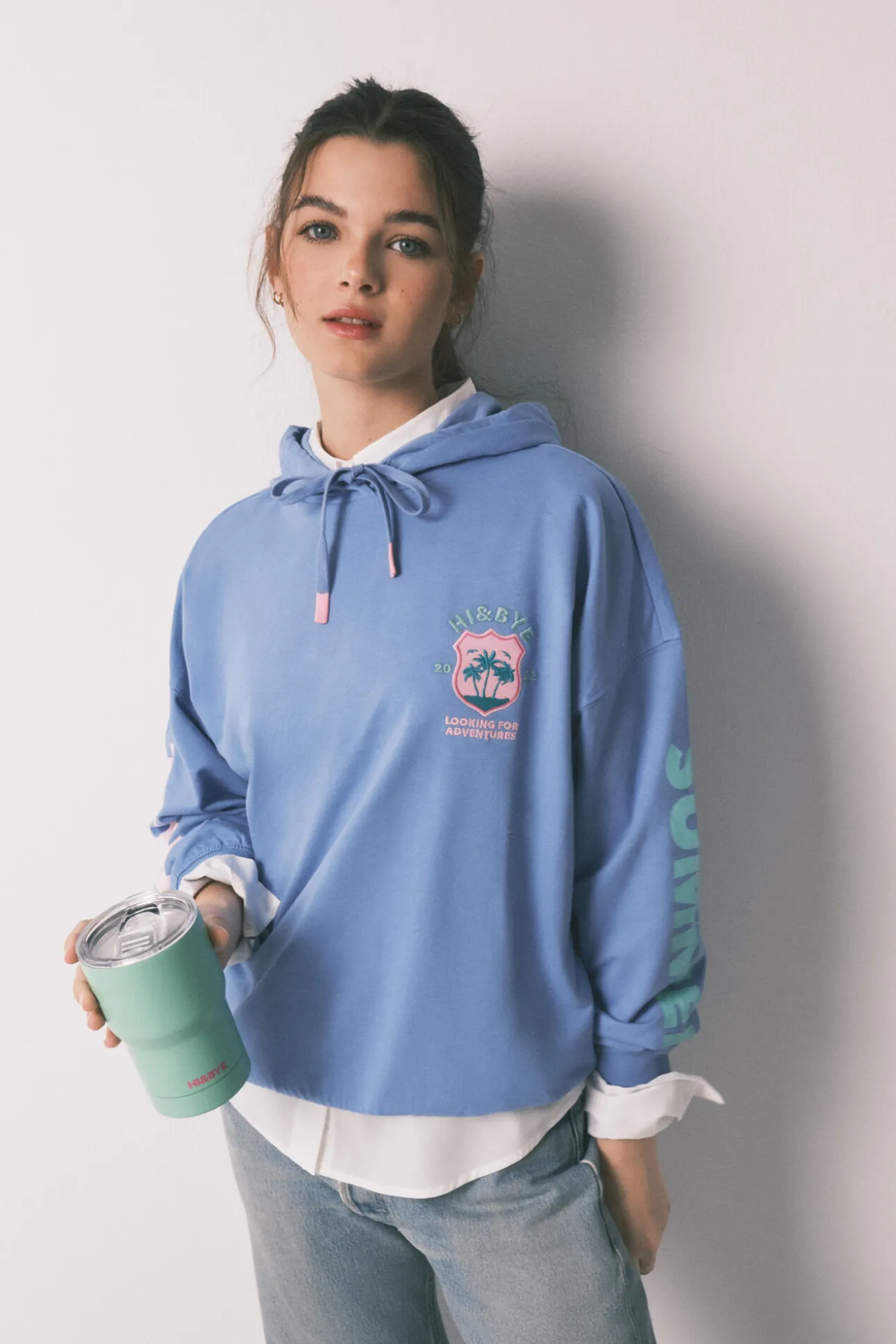 Sweatshirt com capuz em felpa de algodão azul