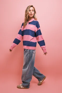 Sweatshirt polo riscas rosa roxo