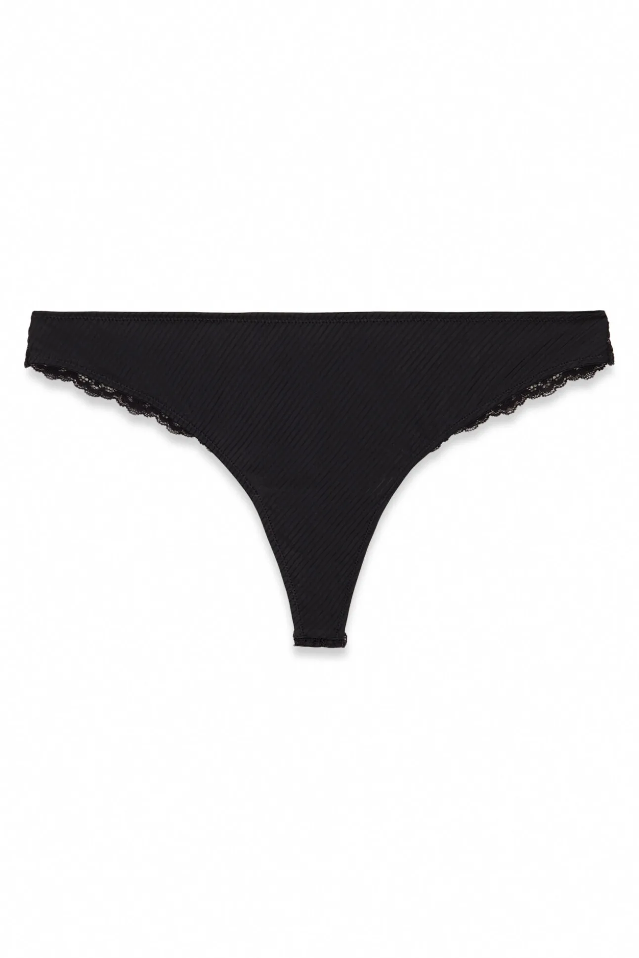 Tanga às riscas em microfibra e renda pretas