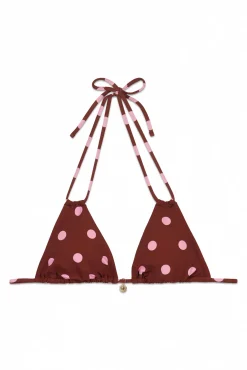 Top biquíni triangular castanho e estampado bolinhas