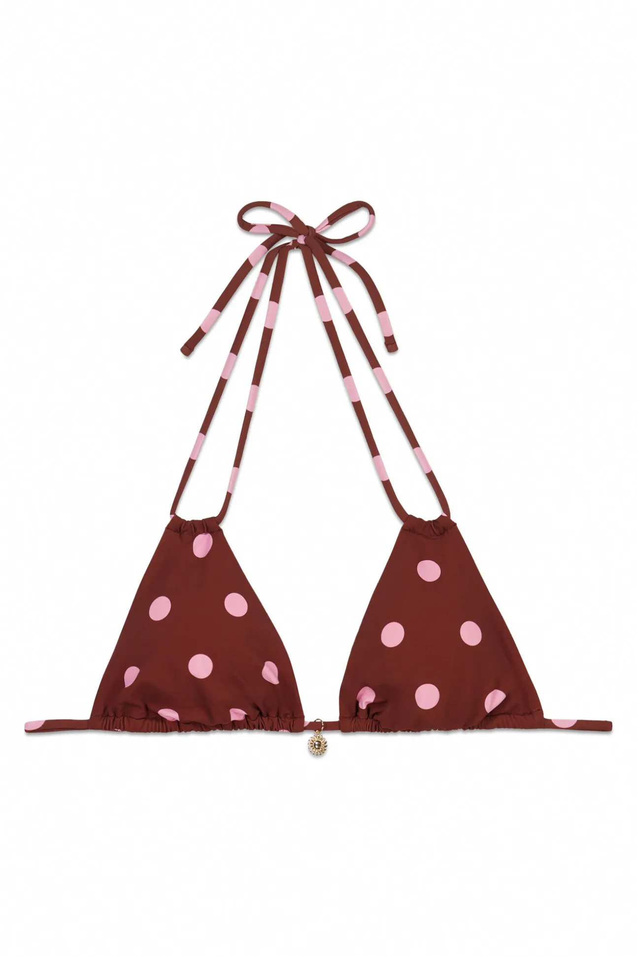 Top biquíni triangular castanho e estampado bolinhas