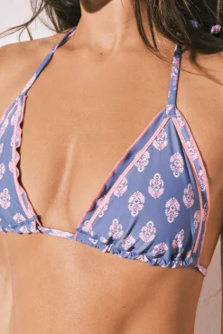 Top biquíni triangular cortina reversível azul