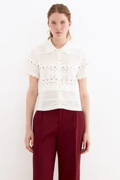 Top gola polo efeito crochet de malha