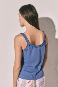 T-shirt alças com folhos em algodão azul