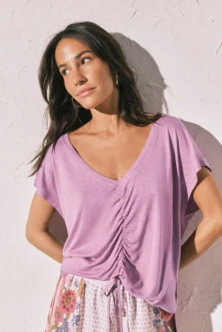 T-shirt curta em viscose e linho lilás