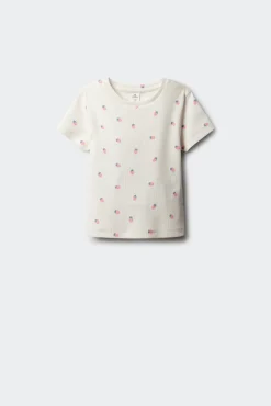 T-shirt de manga curta em malha canelada com morangos para menina