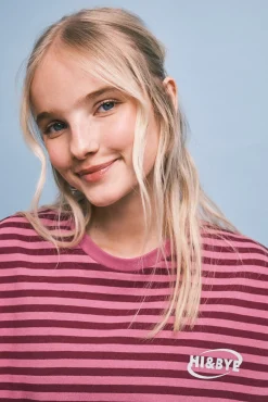 T-shirt em algodão às riscas rosa