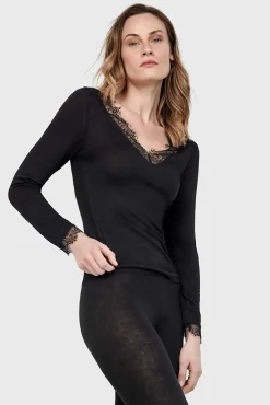 T-shirt térmica gola em V com renda