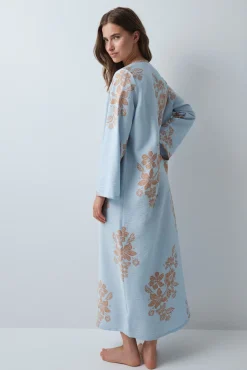 Vestido caftã em viscose estampado floral azul