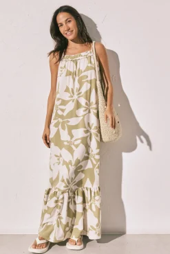 Vestido comprido de alças com estampado de flores