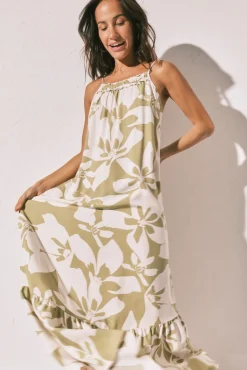 Vestido comprido de alças com estampado de flores