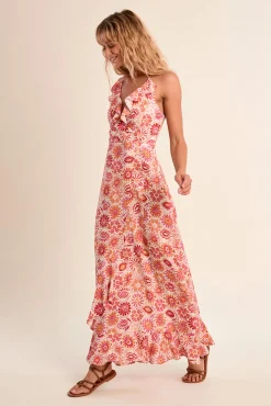 Vestido comprido de alças estampado com folhos