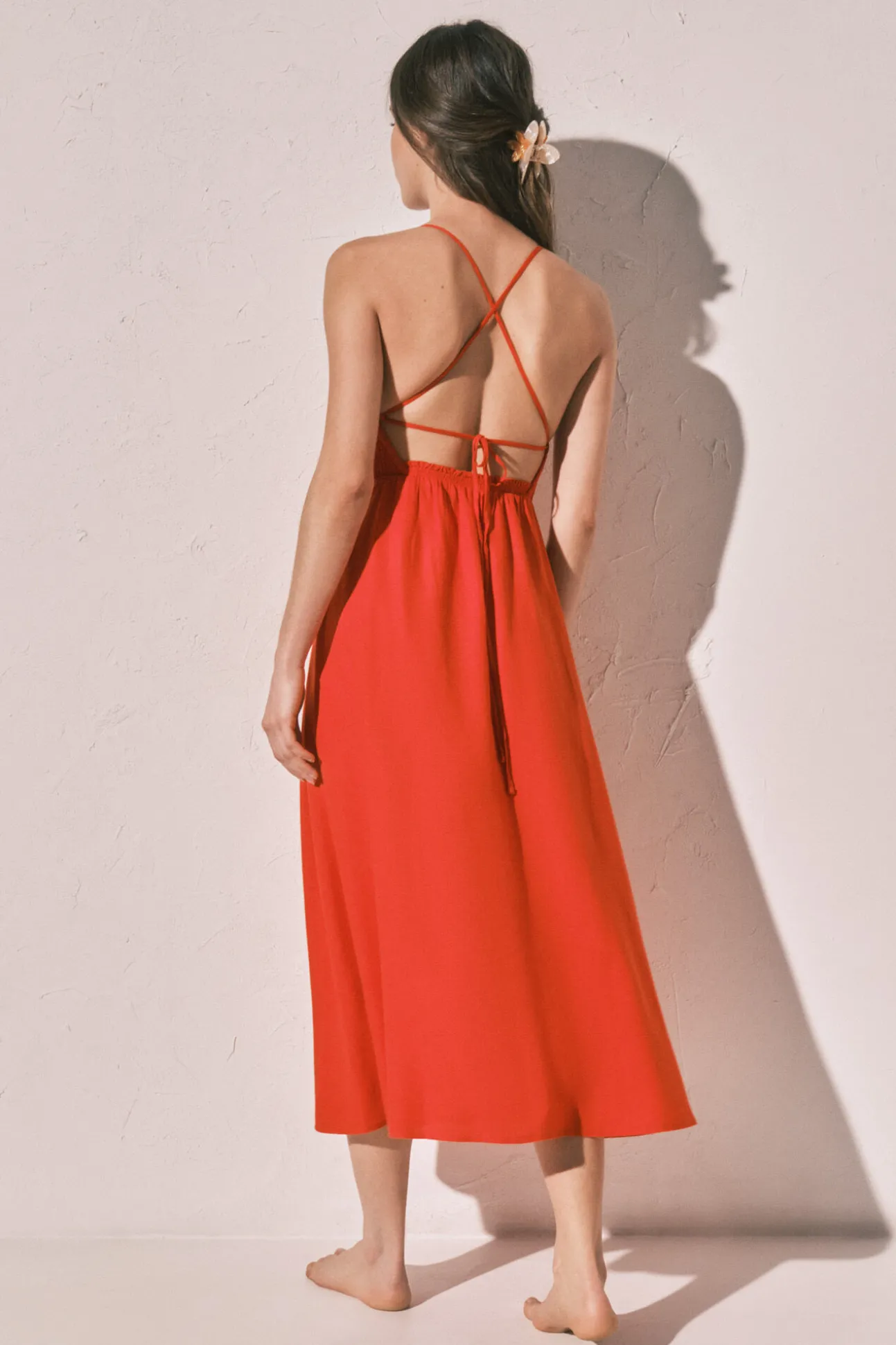 Vestido comprido em linho laranja