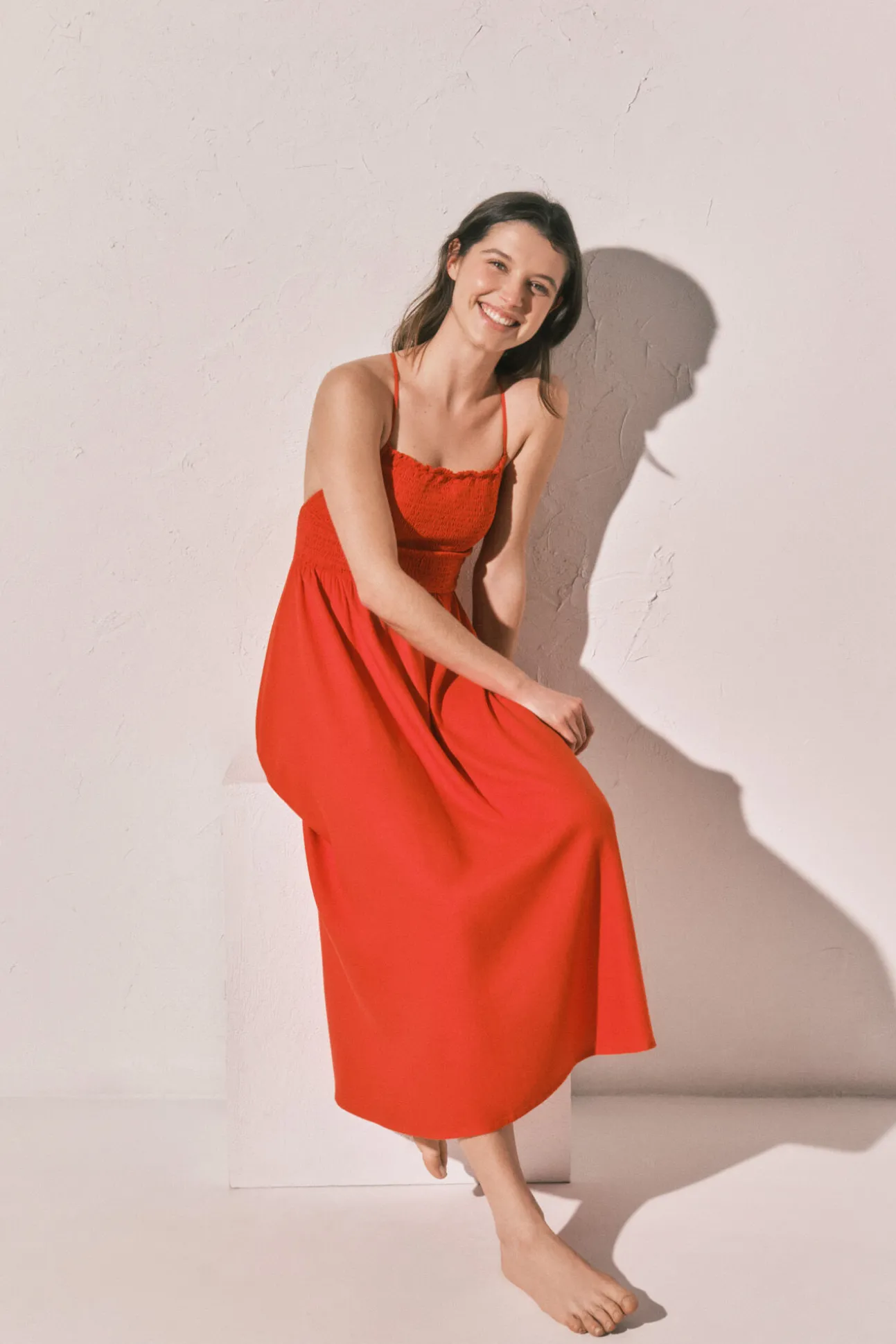 Vestido comprido em linho laranja