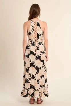 Vestido comprido estampado com folhos