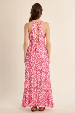Vestido comprido estampado com folhos