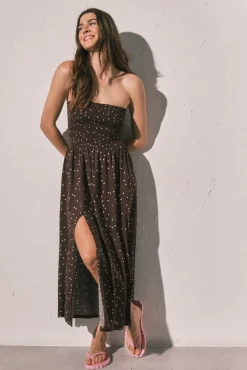Vestido comprido sem alças estampado bolinhas