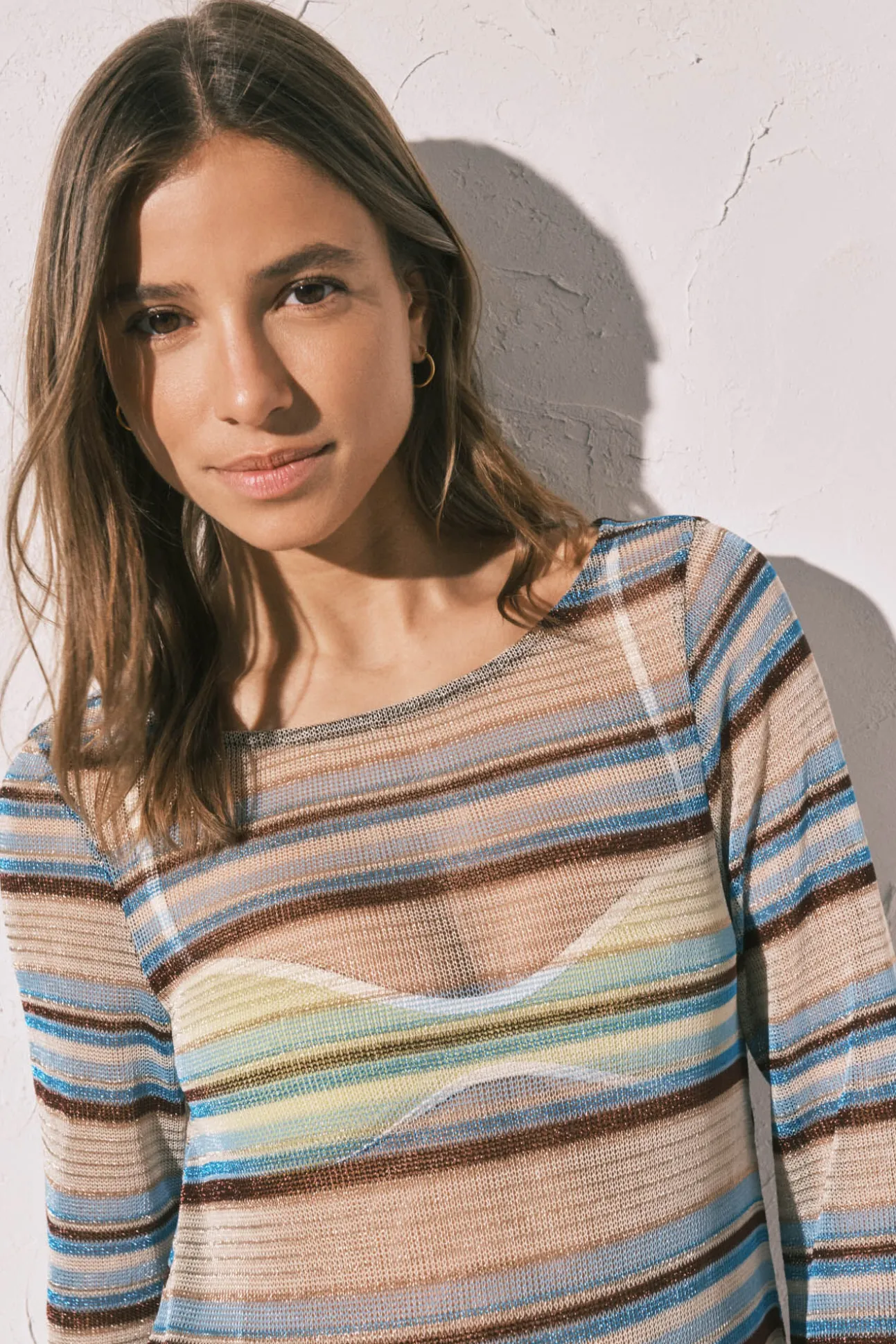 Vestido túnica curta estampado riscas lurex